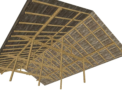 Wooden Ceiling Grid Design With Support Beams And Framework Structure 3d model