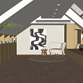 Attic Interior With Sloped Skylights White Armchair Black White Abstract Painting Wooden Cabinets Light Flooring