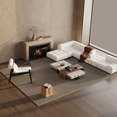 Modern Living Room Sofa And Coffee Table Set With Fireplace Large Window And Area Rug 3d model