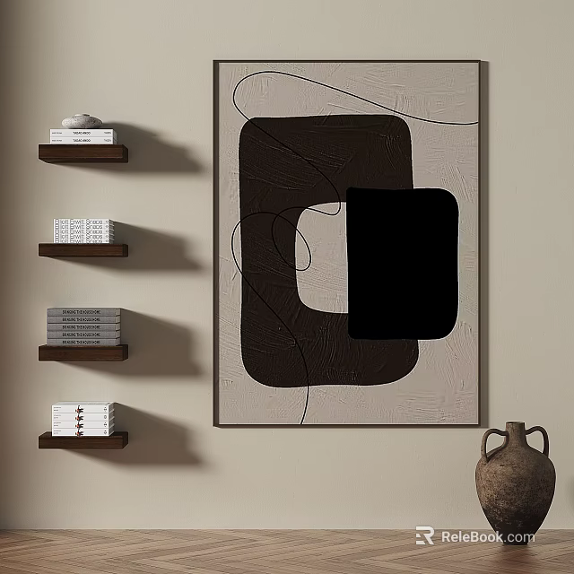 Abstract Painting Featuring Black Brown Geometric Shapes On Beige Wall With Shelves And Terracotta Vase 3d model 