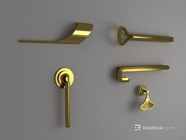 Golden Metal Handles With Various Modern Decorative Designs For Cabinet Doors 3d model 