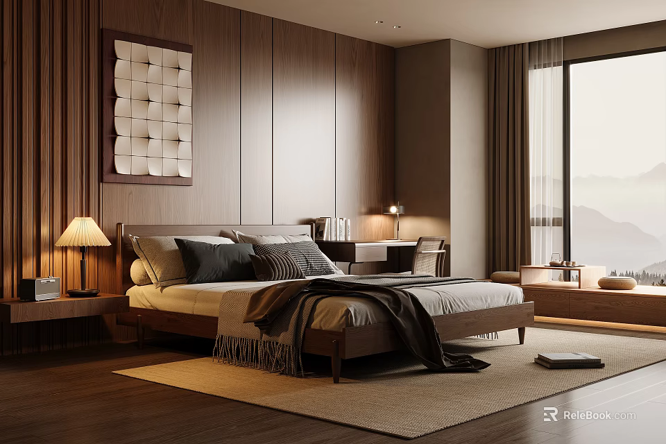 Cozy Wooden Bedroom Interior Design With Large Bed Bedside Lamp Area Rug And Window Desk 3d model 