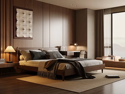 Cozy Wooden Bedroom Interior Design With Large Bed Bedside Lamp Area Rug And Window Desk 3d model