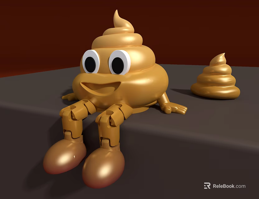 Golden Cartoon Poop Figurine Set With Smiling Face Big Eyes Small Ornament Dark Tabletop 3d model 