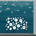Blue Ocean Themed Display Wall With Marine Creatures And Circular Icons 3d model