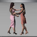 Two Women in Pink and Orange Dresses Interacting with Elegant Posture against Gray Background