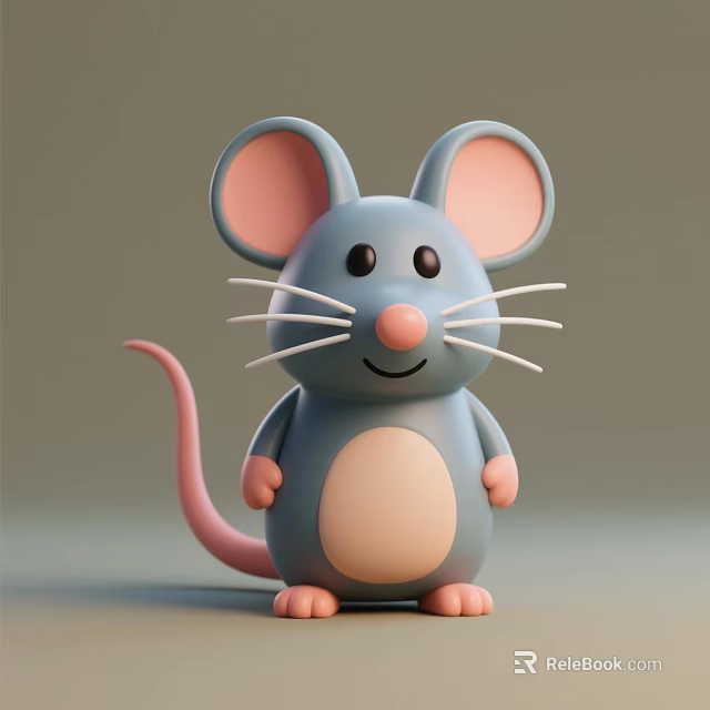 Cute Blue Mouse Plush Toy With Big Pink Ears Whiskers And Smiling Face 3d model 