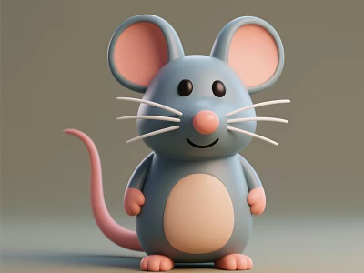 Cute Blue Mouse Plush Toy With Big Pink Ears Whiskers And Smiling Face 3d model