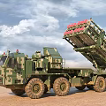 Camouflaged Military Missile Launch Vehicle With Elevated Launcher In Desert Terrain