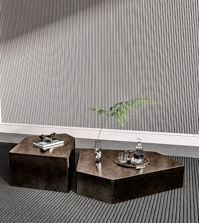 Modern Coffee Tables With Books Vase Glass Tray And Plant Against Striped Wall 3d model