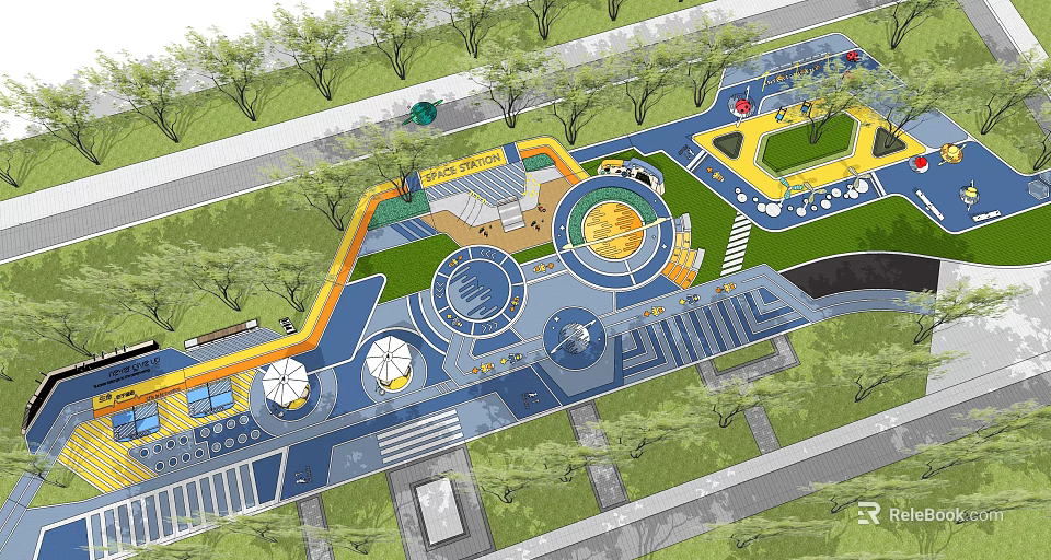 Modern Residential Landscape Design with Play Area Green Spaces and Geometric Paths 3d model 