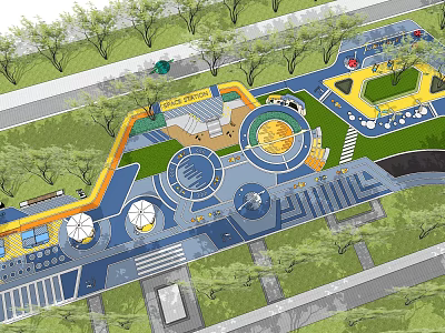 Modern Residential Landscape Design with Play Area Green Spaces and Geometric Paths 3d model