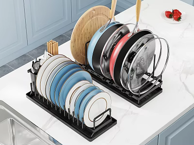 Colorful Dishware Set With Plate Rack And Pan Organizer For Kitchen Marble Countertop 3d model