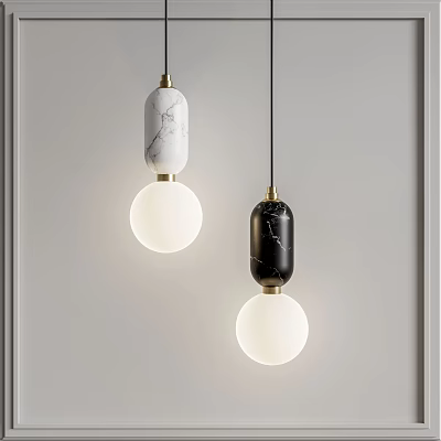 Modern Pendant Lights with White Black Marble Cylinder and Glass Globe Shades 3d model