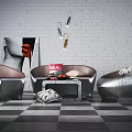 Modern Metallic Sofa and Coffee Table Set with Pillows Checkered Floor and White Brick Wall 3d model