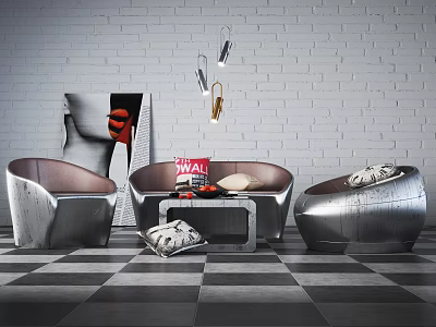 Modern Metallic Sofa and Coffee Table Set with Pillows Checkered Floor and White Brick Wall 3d model