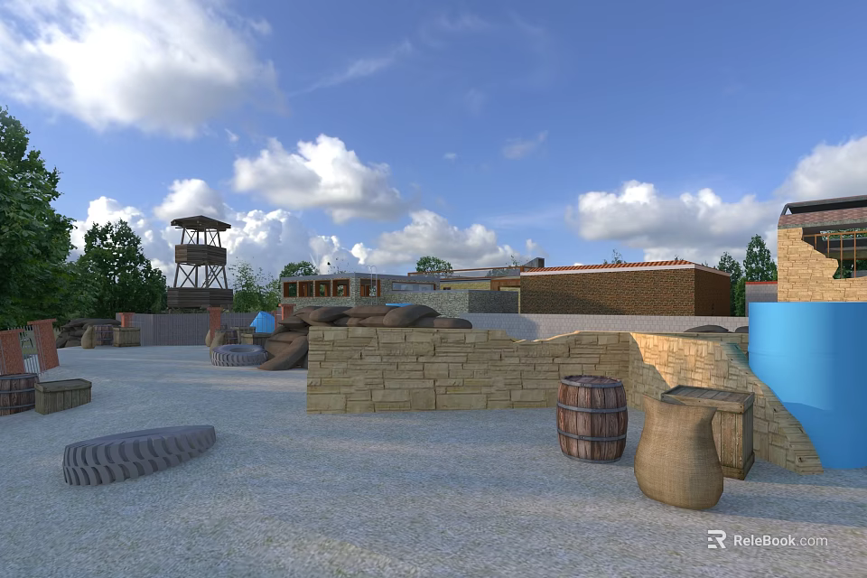 Outdoor Military Training Ground Featuring Watchtower Brick Walls Tires Barrels And Gravel Surface 3d model 