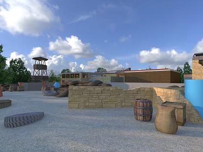 Outdoor Military Training Ground Featuring Watchtower Brick Walls Tires Barrels And Gravel Surface 3d model