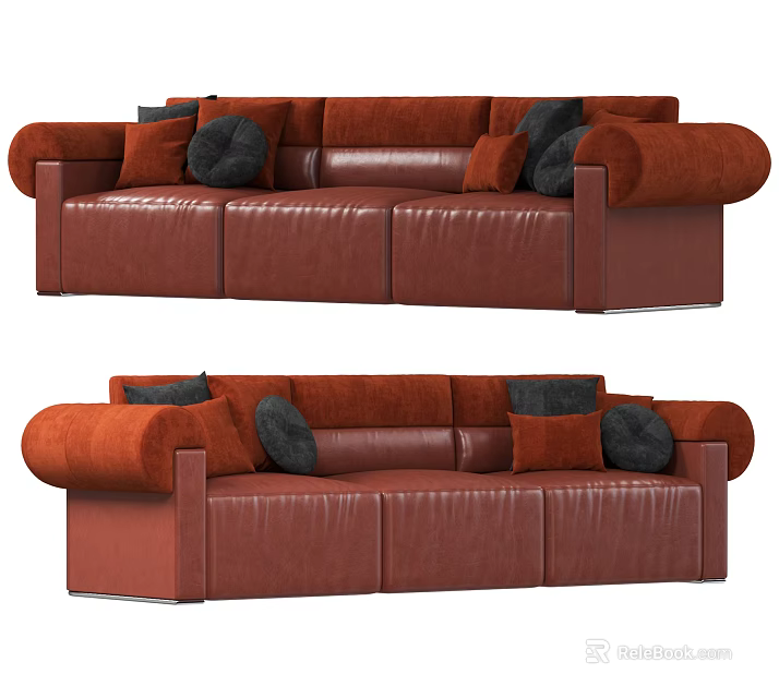 Plush Red Leather Sectional Sofa With Modular Design And Decorative Pillows 3d model