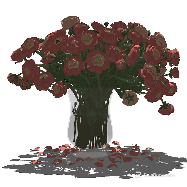 Beautiful Vibrant Red Flowers Arranged in Transparent Vase with Scattered Petals 3d model 