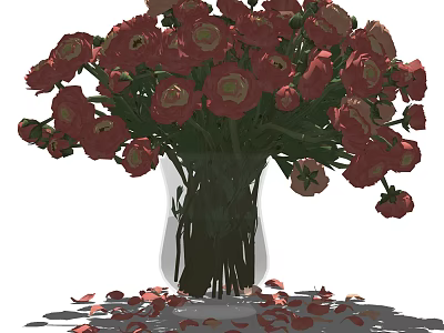 Beautiful Vibrant Red Flowers Arranged in Transparent Vase with Scattered Petals 3d model