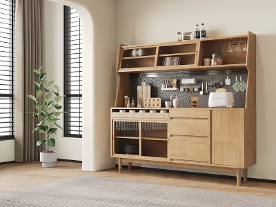 Natural Wooden Sideboard With Storage Shelves Drawers And Kitchenware In Light Filled Room 3d model