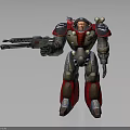Futuristic Pilot In Red And Gray Mech Suit With Large Gun And Metallic Armor