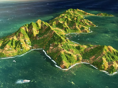Stunning Aerial View Of Lush Green Mountainous Tropical Island Surrounded By Clear Turquoise Ocean Water 3d model