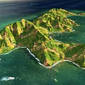 Stunning Aerial View Of Lush Green Mountainous Tropical Island Surrounded By Clear Turquoise Ocean Water