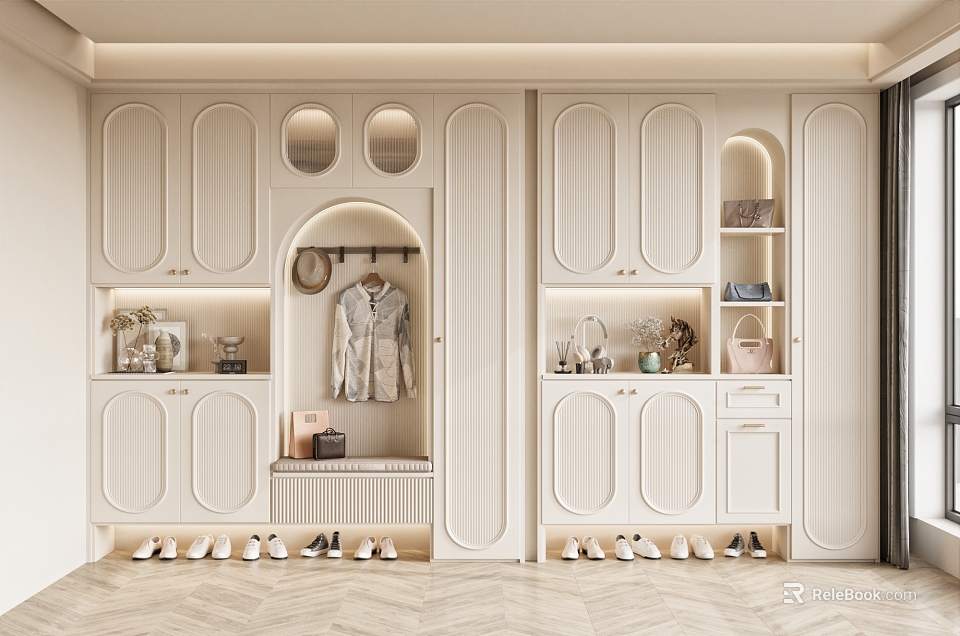 Modern White Shoe Cabinet With Hanging Area Bench Decorative Items And Lighting 3d model 