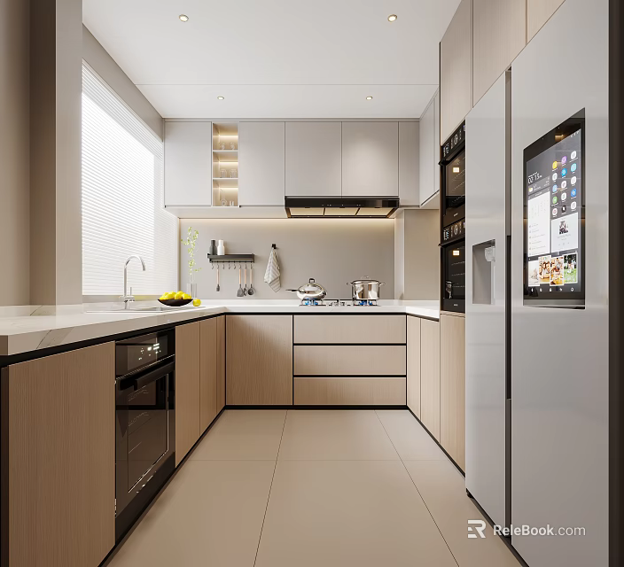 Modern Kitchen Interior With Light Cabinets Smart Refrigerator Countertop And Appliances 3d model