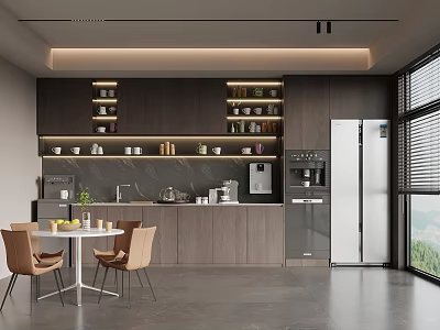 Modern Pantry Interior Design With Cabinets Coffee Machine Dining Table And Shelves 3d model