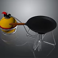 Cooking Equipment Set Including Yellow Container Red Lid And Black Frying Pan On Metal Stand