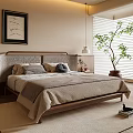 Double Bed With Upholstered Headboard Cozy Linens Framed Art And Indoor Plant In Modern Bedroom