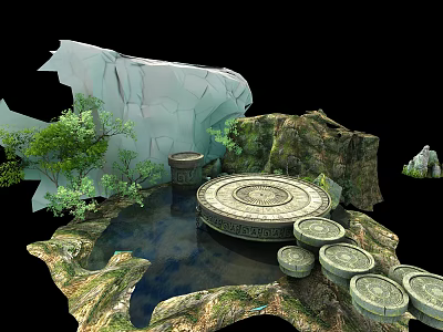 Cartoon Scene With Broken White Rocks Green Plants Circular Stone Platform Pool And Stone Stools 3d model