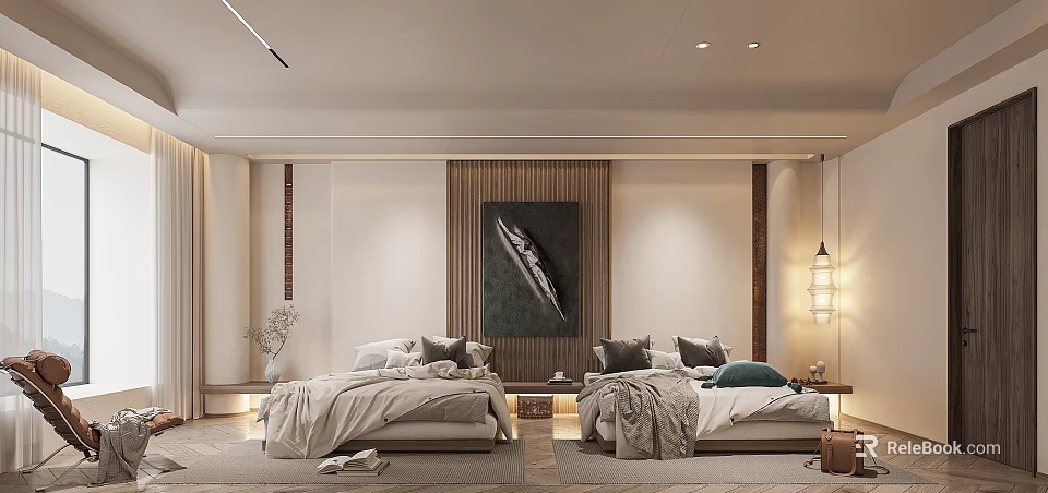Minimalist Bedroom Interior Design With Two Beds Wooden Accent Wall And Decorative Artwork 3d model 