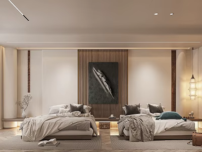 Minimalist Bedroom Interior Design With Two Beds Wooden Accent Wall And Decorative Artwork 3d model
