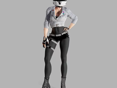 Woman In Gray Jacket Black Leggings And Helmet With Gloves And Boots 3d model
