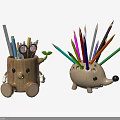 Cute Cartoon Tree Stump And Hedgehog Shaped Pencil Holders With Colored Pencils And Stationery