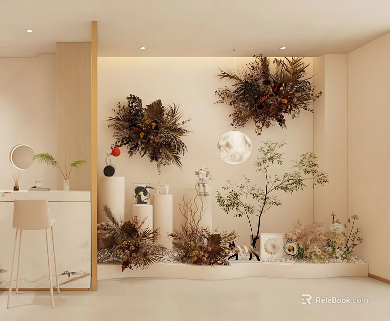 Modern Indoor Art Installation Featuring Floral Decorative Elements And Hanging Plants 3d model 