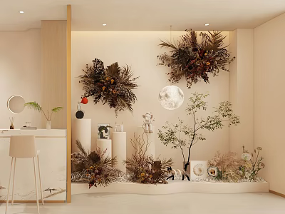 Modern Indoor Art Installation Featuring Floral Decorative Elements And Hanging Plants 3d model