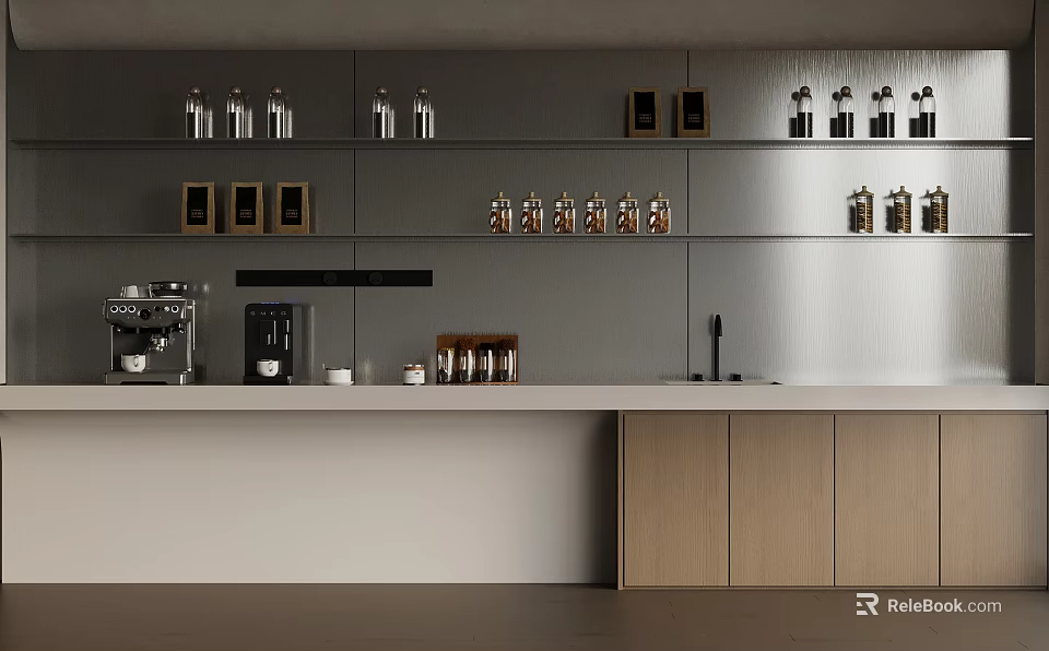 Modern Minimalist Kitchen Featuring Grey Wall Cabinets Coffee Machine Sink And Light Wood Cabinets 3d model 