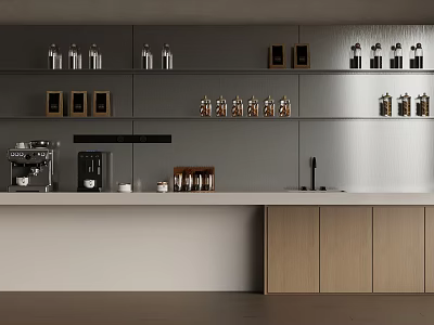 Modern Minimalist Kitchen Featuring Grey Wall Cabinets Coffee Machine Sink And Light Wood Cabinets 3d model