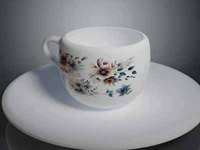 Beautiful White Ceramic Cup With Floral Patterns On Round White Plate 3d model