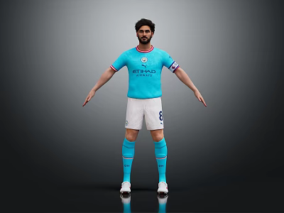 Man Wearing Blue Jersey White Shorts Blue Socks and White Shoes Standing with Arms Outstretched 3d model