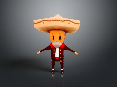 Cartoon Character Wearing Large Sombrero Hat With Orange Face White Mustache And Traditional Outfit 3d model