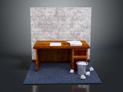 Scene With Brick Wall Wooden Desk Papers Pen Trash Can Paper Balls And Blue Carpet 3d model