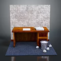 Scene With Brick Wall Wooden Desk Papers Pen Trash Can Paper Balls And Blue Carpet