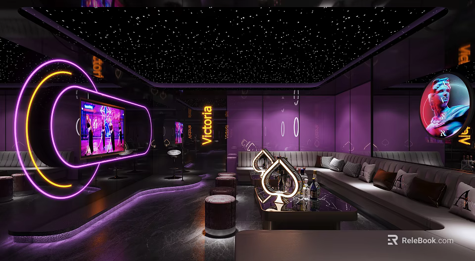 Modern KTV Lounge with Purple Decor Neon Lights Starry Ceiling and Sofa 3d model 