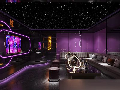 Modern KTV Lounge with Purple Decor Neon Lights Starry Ceiling and Sofa 3d model